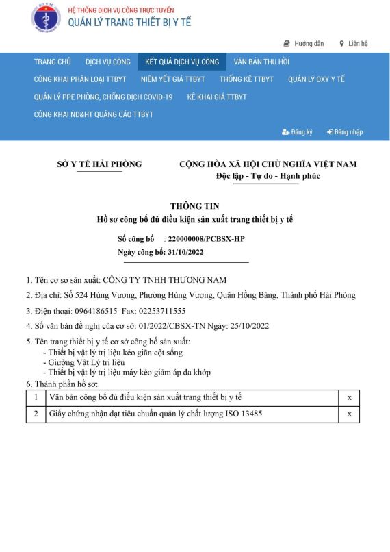 VĂN BẢN CÔNG BỐ ĐỦ ĐIỀU KIỆN SẢN XUẤT TRANG THIẾT BỊ Y TẾ